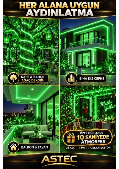 Astec Yapışkanlı 3 Metre Yeşil 220v Silikonlu Şerit Led Yüksek Güç Tak Çalıştır İç Dış Mekân Su Geçirmez