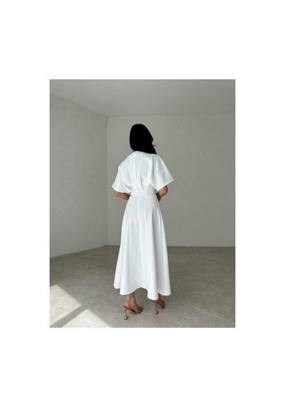 Afiş Butik Kemer Detaylı Yırtmaçlı Piliseli Midi Elbise Beyaz Beyaz