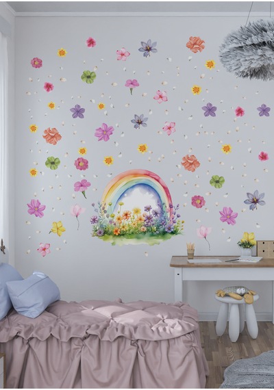 Gökkuşağı & Çiçek Duvar Sticker Mat, Sökülebilir, Dekoratif Duvar Süsü 01