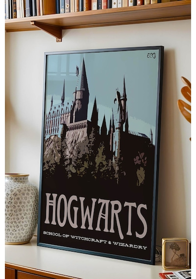 Hogwarts Okulu Minimalist Çerçeveli Tablo - Lüks Harry Potter İllüstrasyon Modern Duvar Dekoru Siyah