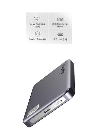 Magsafe Powerbank 10000 Mah 15w Kablosuz, 20w Pd Hızlı Şarj, Dijital Ekran, 180g V0601004 Gri