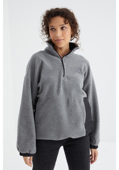 Tommy Life Gri Melanj Yarım Fermuar Etek Ucu Büzgülü Dik Yaka Oversize Kadın Polar Sweatshirt - 97236 Gri Melanj