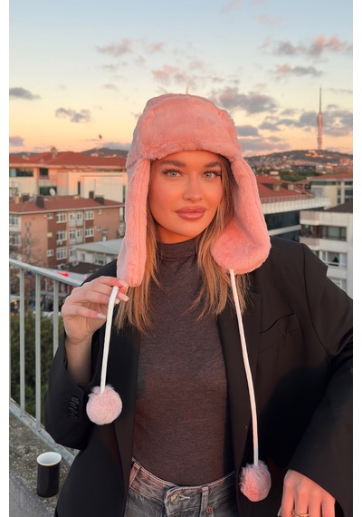 Mollycrush Kadın Pudra Suni Kürk Peluş Tüylü Elit Ponponlu Şapka Bere Pudra