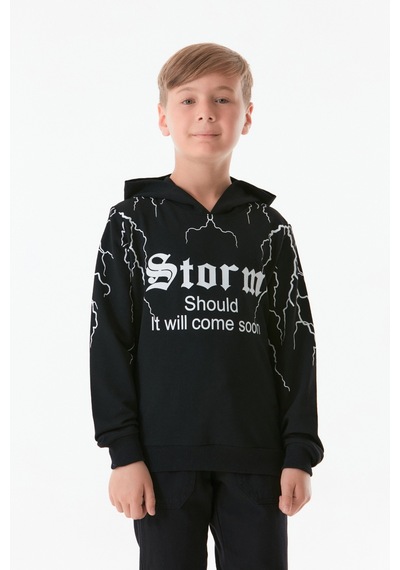 Fullamoda Baskılı Kapüşonlu Erkek Çocuk Sweatshirt 25kcck1303206202-siyah 25KCCK1303206202-Siyah