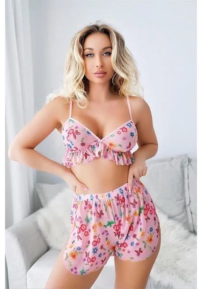 Ang Butik Kadın Pembe Desenli Tül Şortlu Sütyen Takımı