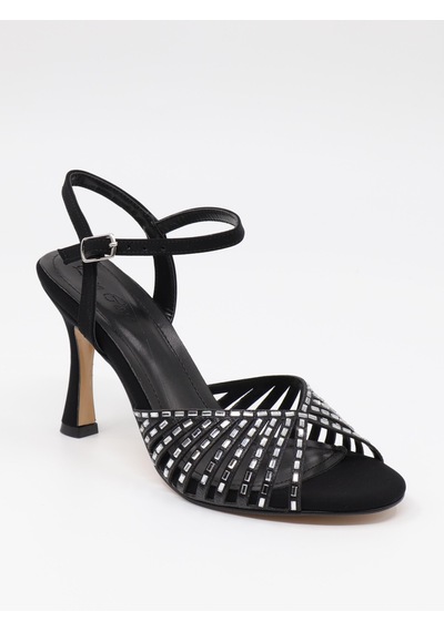 Nesilshoes Nesil Shoes Pine 134 Siyah Taşlı Topuklu Dekolte Kadın Sandalet