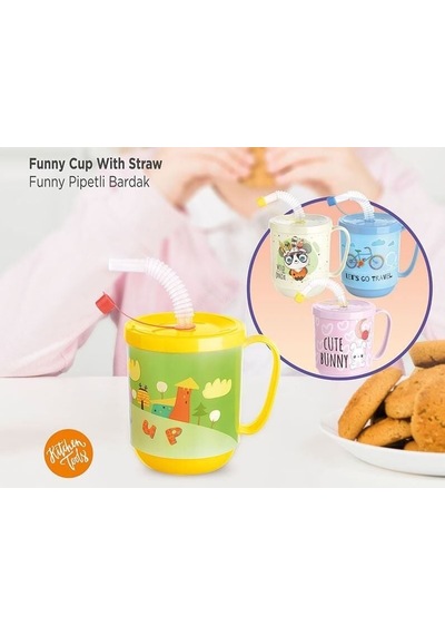 3 Adet Pipetli Çocuk Içecek Bardağı Desenli Bardak 350ml Diğer
