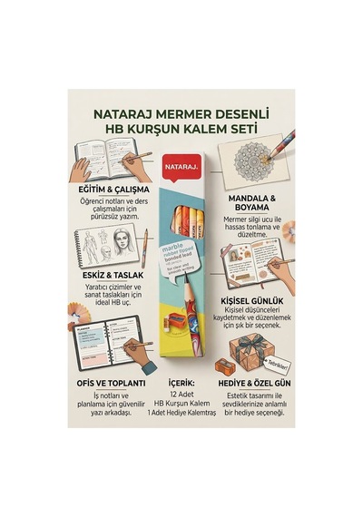 Kurşun Kalem Hb 1 Düzine Kalemtraş Silgi Hediyeli Nataraj Kurşun Kalem Mermer Desen 1 Düzine Çok Renkli