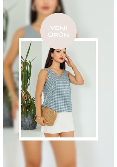 Lupinn Moda Kadın Turkuaz Beyaz Ekose Desenli V Yaka Arkası Çapraz Askılı Kolsuz Bluz Yeşil