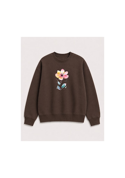 Herkesemoda Çiçek Baskı Detaylı Bisiklet Yaka Şardonlu 2 İplik Sweatshirt Kahverengi