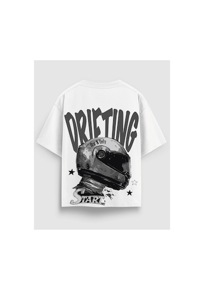 Yolo Street Drifting Racing Baskılı Oversize Tişört %100 Pamuk Streetwear Unisex Beyaz