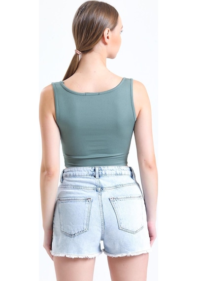 Thiff Gymwear Kahverengi Fitilli Kare Yaka Esnek Örme Crop Büstiyer Atlet Haki