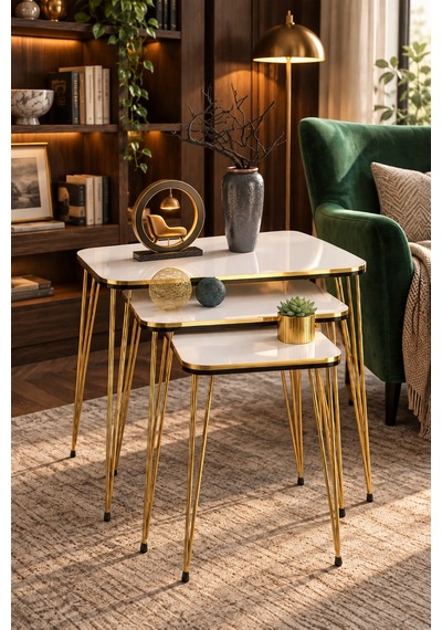 Odera Beyaz Siyah- Detaylı Zigon Sehpa 3'lü Set Metal Ayaklı Modern Retro Salon Sehpası Diğer