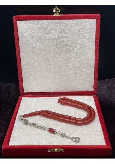 Alpaka Damla Uçlu Koyu Kızıl Osmanlı Benzetme Çubuk Sıkma Tesbih 7x11 Mm Krem