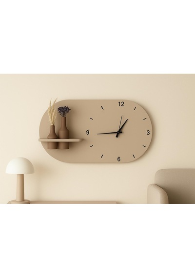 Modern Tasarım Raflı Nera Duvar Saati 75x45 Bej