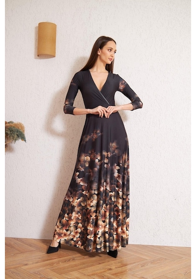 Darlin Moda Siyah Kruvaze Kahverengi Çiçek Desenli Abiye Elbise Dm1013