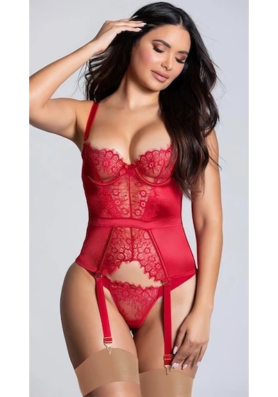 New Dreams Elegant Tasarım Dantelli Kırmızı Jartiyer Gecelik Kombin Set Kırmızı