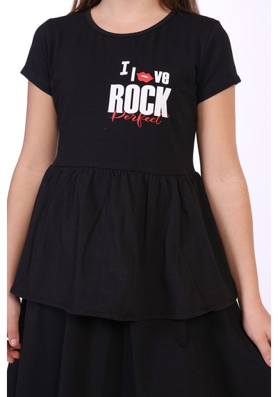 Toontoy Kız Çocuk I Love Rock Baskılı Elbise Siyah