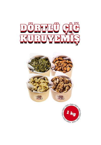 4'lü Çiğ Kuruyemiş Paketi 1 Kg - Çiğ Kaju, Çiğ Badem, Çiğ Kabak Çekirdeği, Ceviz İçi 4x250 Gr Taze 1 KG