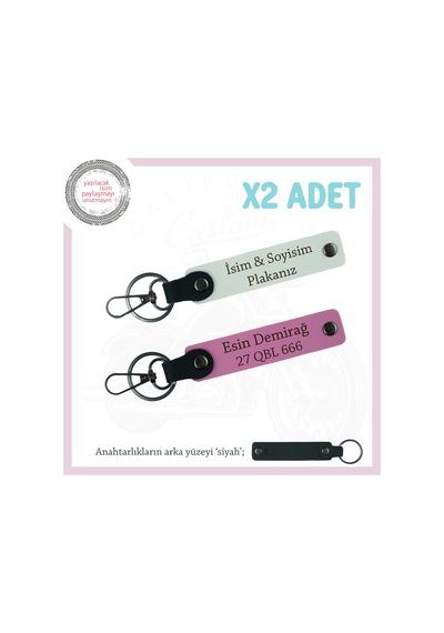 Araç Ve Motor Sahipleri İçin X2 Deri Anahtarlık Seti Plaka & İsim Özelleştirmeli, Beyaz-pembe-syh Çok Renkli