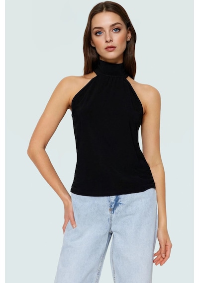 Ersefa Halter Yaka Kolsuz Bluz Polyester Regular Kalıp İş Ve Günlük Şık siyah