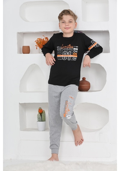 Modanino Erkek Çocuk Baskılı %100 Pamuk İnterlok Kumaş Pijama Takımı 12446 Siyah