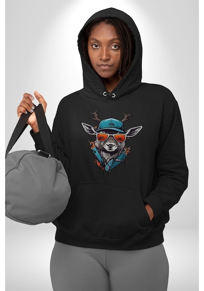 Güneş Gözlüğü Savaşcı Geyik Kadın Erkek Siyah Kapüşonlu Sweatshirt Hoodie Siyah