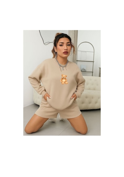 Benroma 3 İplik Penye Ayıcık Baskılı Unisex Sweatshırt Bej