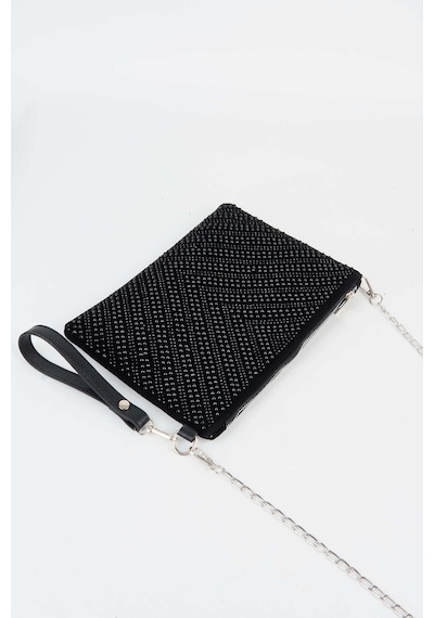 Vivaq Kadın V Desen Siyah Taşlı Süet Bilek Askılı Ve Zincir Askılı Portföy El Ve Clutch Çanta SİYAH