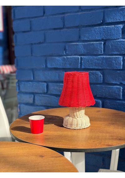Kırmızı Rattan & Bambu Masa Üstü Kablosuz Pilli Abajur Alt- Üst Rattan Masa Lambası