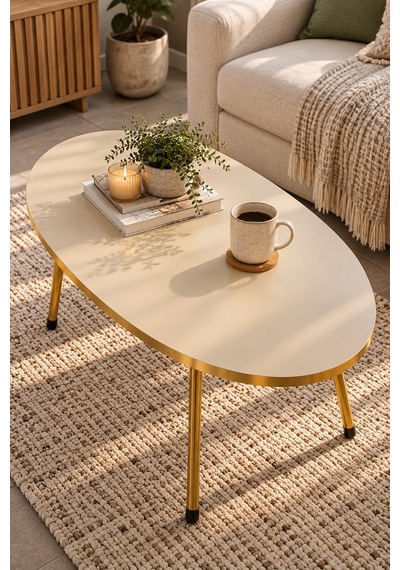 Sulorahome Gold Metal Oval Orta Sehpa Krem