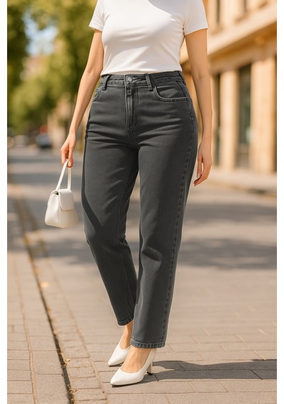 Cedy Denim Cedy Denım - Kadın Büyük Benden Boru Paça Yüksek Bel Regular Fit Likralı Pantolon C626 Gri