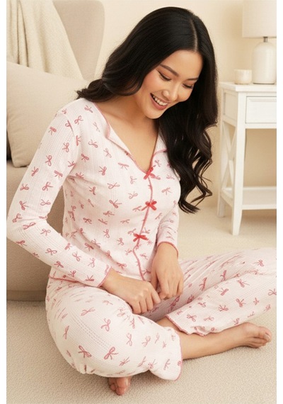 Siyah İnci Pamuklu Fiyonk Detaylı Ajurlu Delikli Örme Pijama Takım7927-4 Pembe