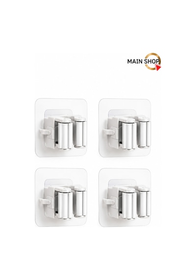 Mainshop 4 Lü Ekonomik Paket Mop Süpürge Tutucu - Yapışkanlı Delmesiz Paspas Askısı M-310 Beyaz