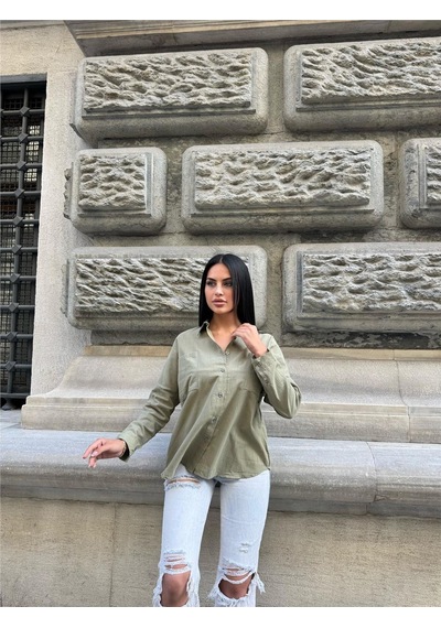 WeShaya Haki Çift Cepli Viskon Oversize Gömlek Haki