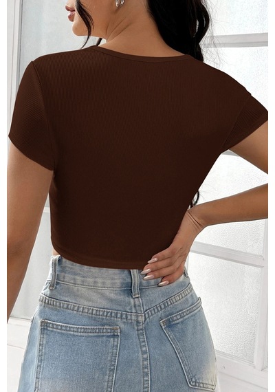 Angbutik Kadın Kahverengi Yarım Kol Düz Yaka Crop Top Bluz