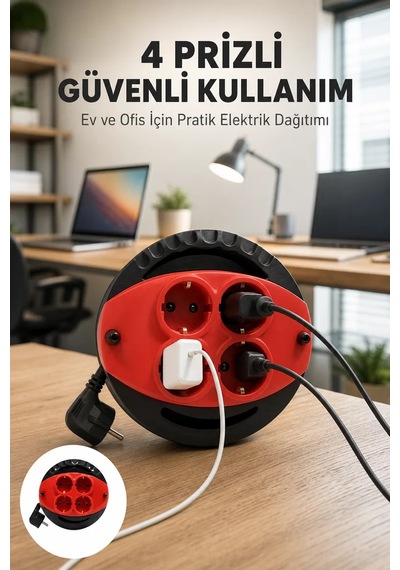 Kırmızı Renk 5 Metre 4 Lü Kablolu Priz Makarası 0-2