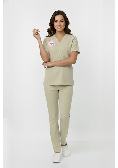 Unisex Bej Moth Teknisyen Tekniker Tıbbı Sekreter Scrubs Üniforma Takım Sağlık Bak.yeni Yön.uygun Bej