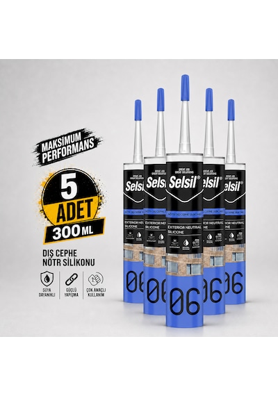 Selsil Şeffaf Nötr Dış Cephe Silikonu 300 Ml Uv Dayanımlı Cam Pvc Beton Derz Dolgu Mastiği 5 Adet