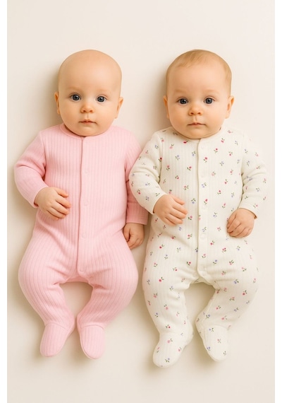 Bebe Wini Düz Pembe Ve Ekru Mor Çiçekli % 100 Pamuk 2 Li Patikli Tulum Pembe