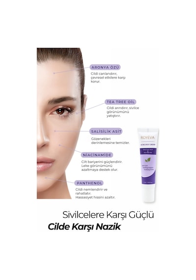 Royéva Akne Karşıtı Sivilce Kremi Salisilik Asit & Tea Tree Oil & Niacinamide Leke Karşıtı Spot Bakım Kremi 15 ML
