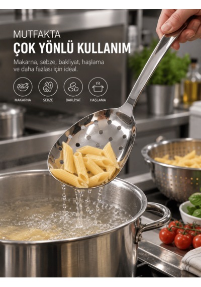 Beylini Endüstriyel Sanayi Tipi Delikli Kaşık Paslanmaz Çelik Okul Lokanta Tipi Kulplu Süzgeçli Kaşık Asılabilir No2 Gri