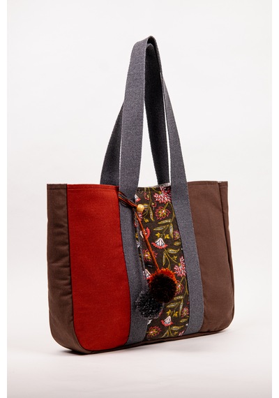 Fabric Craft Bag Omuz Çantası Kadın Duck Kumaş Desenli Büyük Boy Günlük Çanta Kahverengi - Bordo
