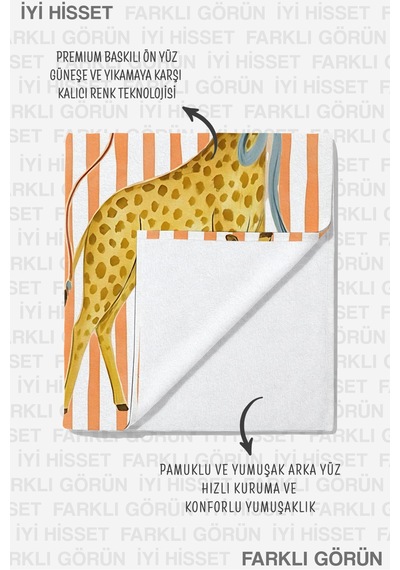Sevimli Hayvan Figürlü Çocuk Plaj Havlusu - Turuncu Çizgili Safari Hızlı Kuruyan Mikrofiber Havlu Çok Renkli