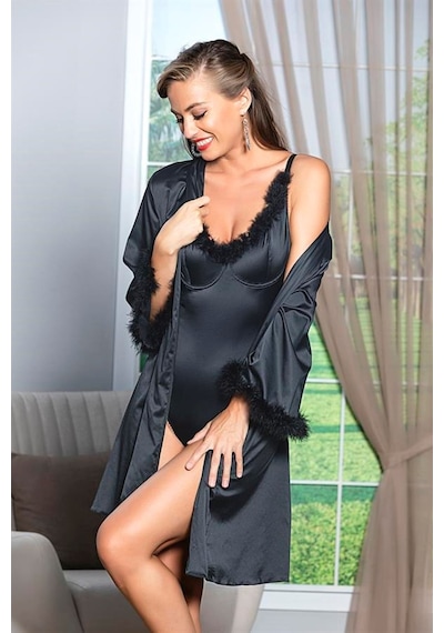 Gallipoli Kuşaklı Mini Boy Saten Sabahlık Siyah Mgp11500