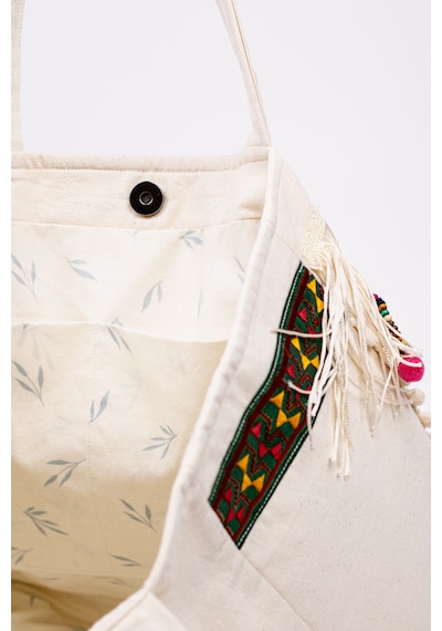 Fabric Craft Bag Omuz Çantası Bohem Nakışlı Püsküllü Pamuklu Krem 45x35 Krem