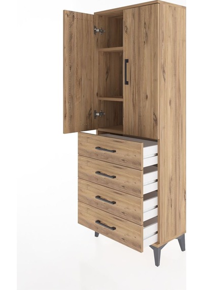 Arges Dolap 3 Raflı 4 Çekmeceli 2 Kapaklı 60x30x163 Çam-çam Çam