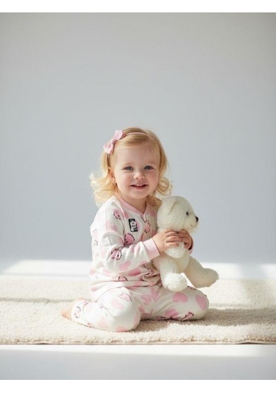 Zekids Kız Bebek Pamuklu Kalp Desenli Pijama Takımı-16850 Pembe