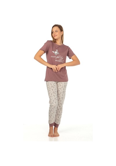 Vishenka Modal Baskılı Kadın Pijama Takımı Gül Kurusu Gülkurusu