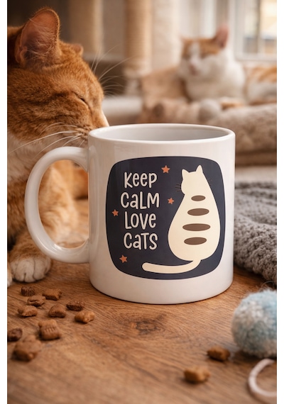 Keep Calm Love Cats Kedi Temalı Porselen Kupa Model 56 Sevimli Tasarım , Kahve & Çay Kupası Diğer
